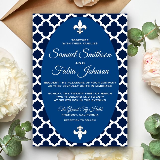 Invitación de boda ovalada azul elegante con cuatr (Subido por el creador)