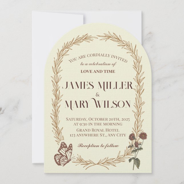 Invitación de boda ovalada botánica vintage (Anverso)
