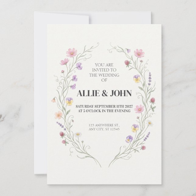 Invitación de boda ovalada con corona de flores si (Anverso)