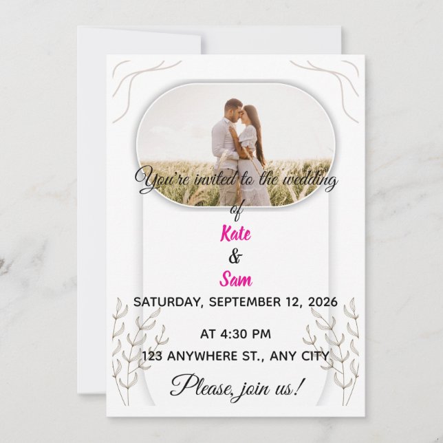 Invitación de boda ovalada con foto y botánica (Anverso)