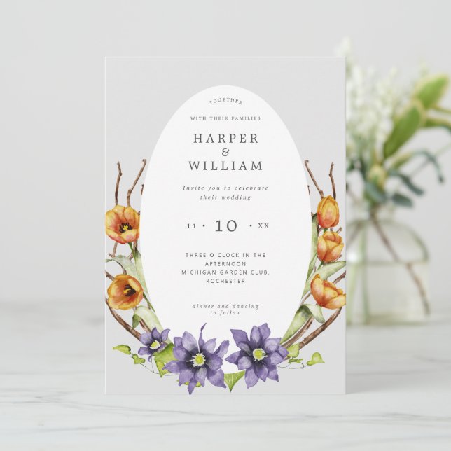 Invitación de boda ovalada de flores de primavera  (Anverso de pie)