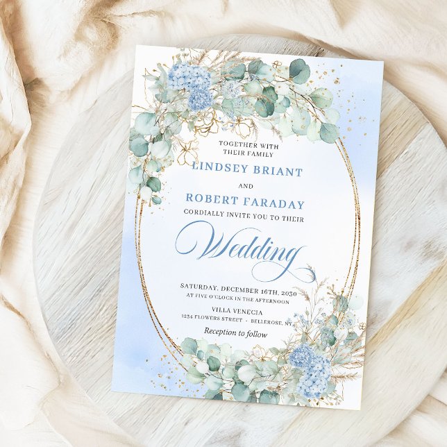 Invitación de boda ovalada de trigo floral azul ch (Chic Blue Floral Wheat Gold Oval Wedding Invite)