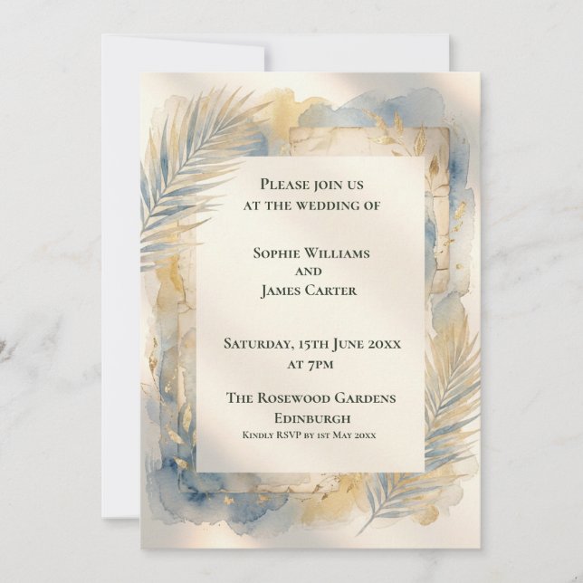 Invitación de boda Palma Dorada Azul (Anverso)