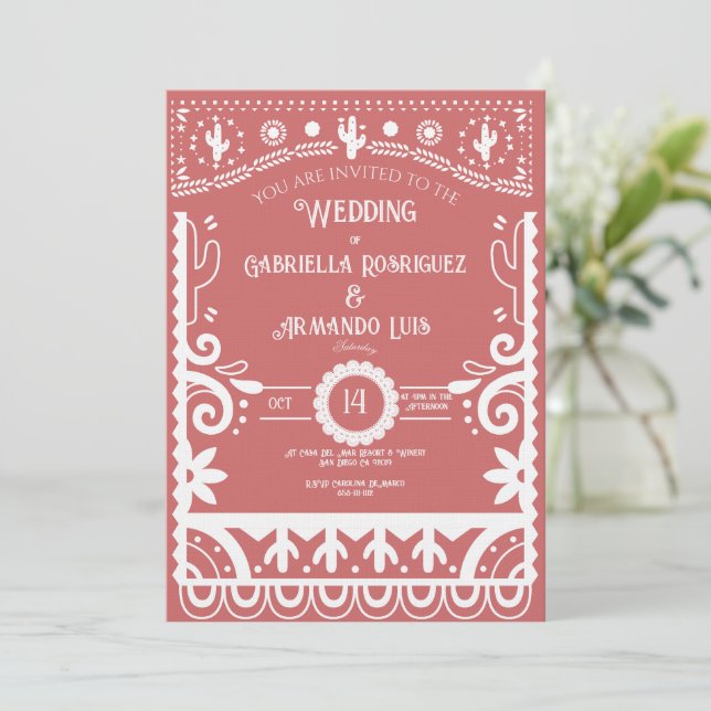 Invitación de boda Papel Picado Coral Pink y Blanc (Anverso de pie)