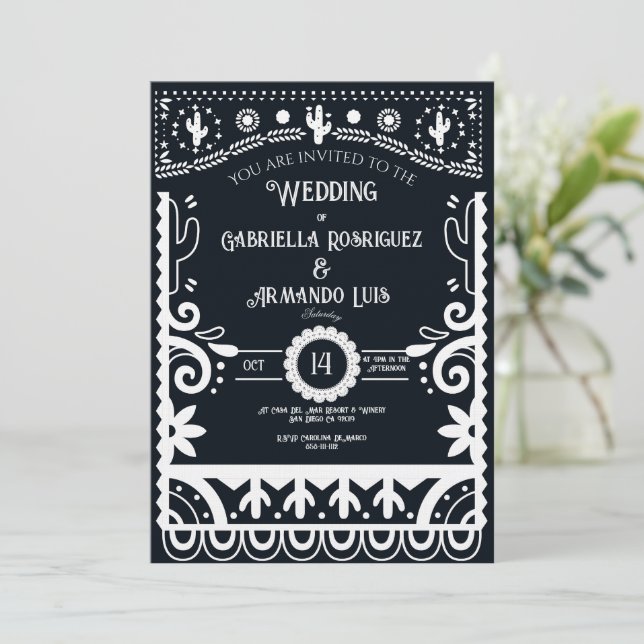 Invitación de boda Papel Picado negro y blanco (Anverso de pie)