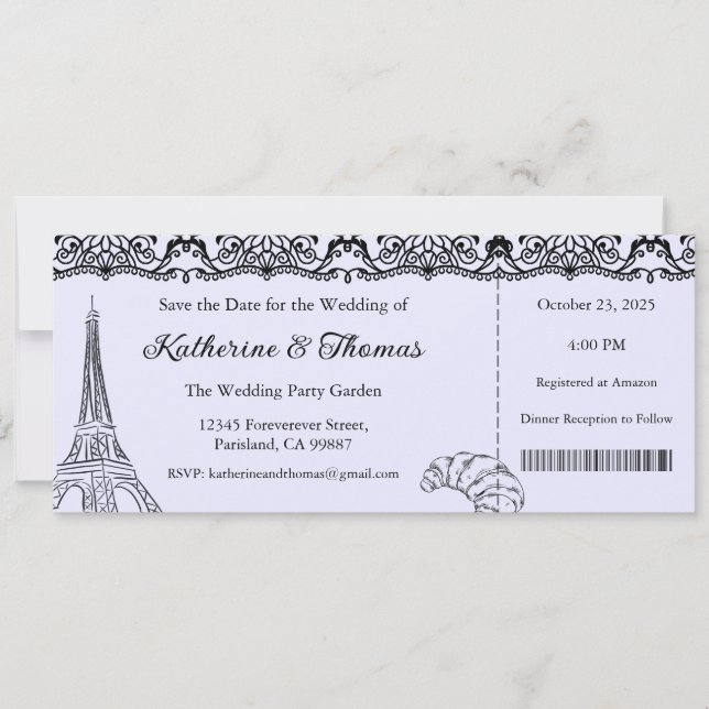 Invitación de boda, Papelería de boda, París  (Anverso)