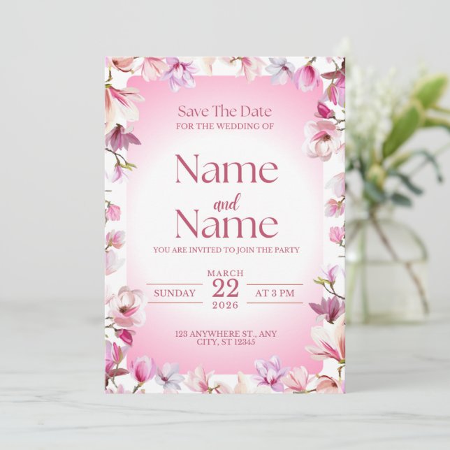 Invitación de boda para guardar la fecha con flore (Anverso de pie)