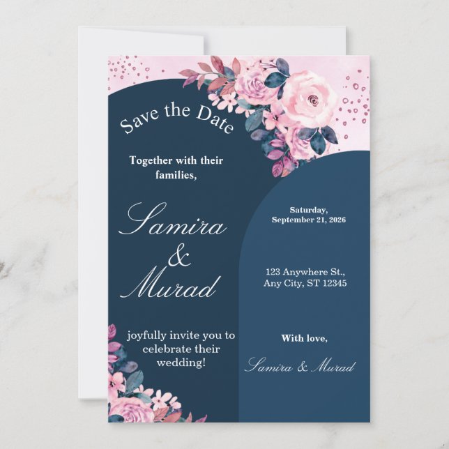 Invitación de boda para guardar la fecha con flore (Anverso)