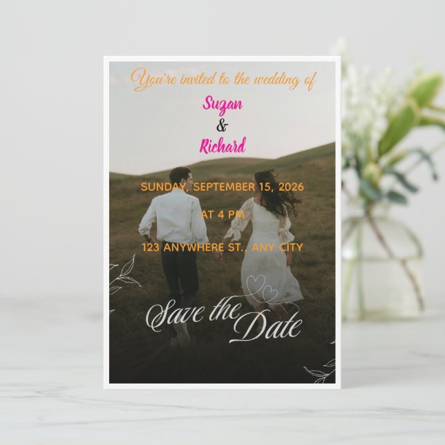 Invitación de boda para guardar la fecha con foto  (Anverso de pie)