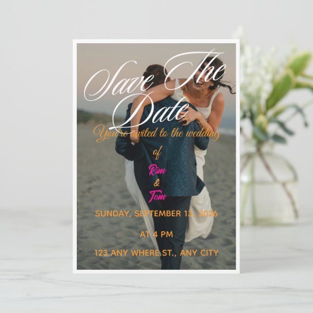 Invitación de boda para guardar la fecha con foto  (Anverso de pie)