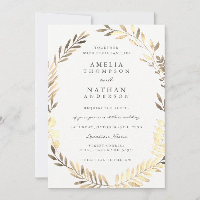 Invitación de boda para jardín con corona de hojas (Anverso)