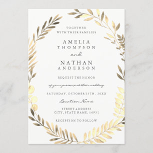 Invitación de boda para jardín con corona de hojas