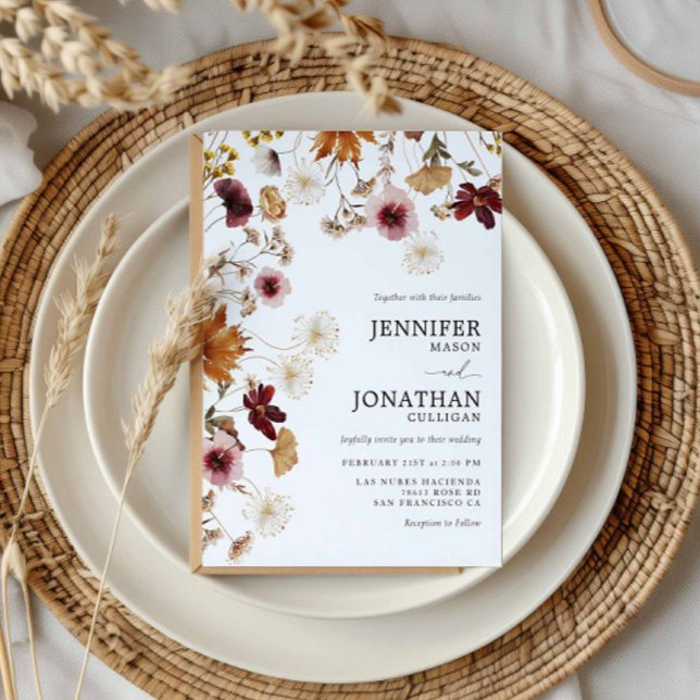 Invitación de boda para jardín de flores silvestre (Burgundy Fall Wildflower Wedding Invitation)