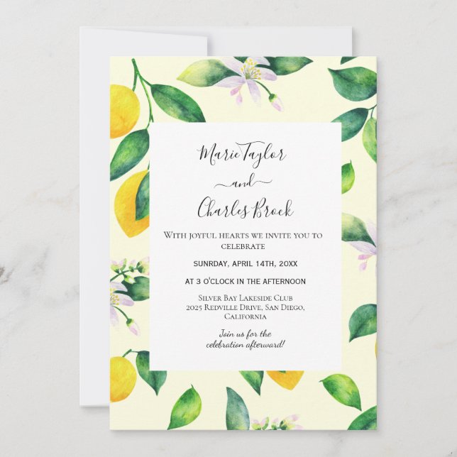 Invitación de boda para jardín de limonero amarill (Anverso)
