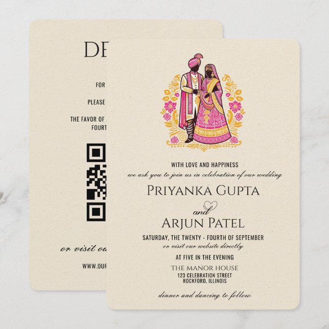 Invitación de boda para pareja india colorida (Anverso / Reverso)