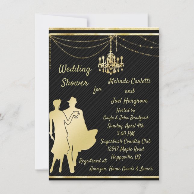 Invitación de boda para parejas de oro sobre negro (Anverso)