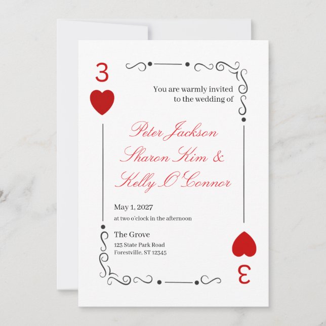 Invitación de boda para trío de 3 Corazones (Anverso)