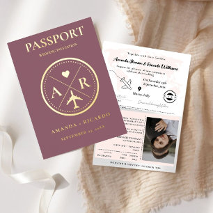 Invitación de boda Pasaporte Dorado y Mauve Oscuro