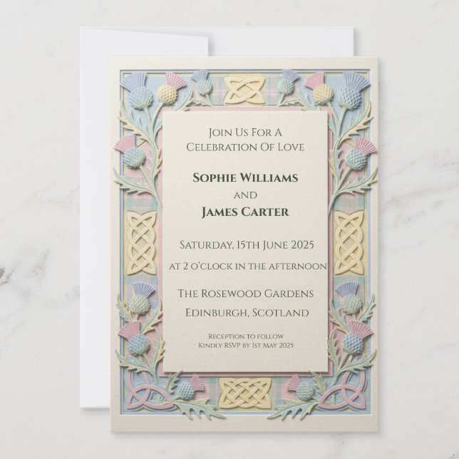 Invitación de boda Pastel 3D Celtic Thistle (Anverso)