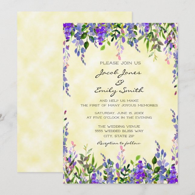 Invitación de boda Pastel Acuarela Lavanda Amarill (Anverso / Reverso)