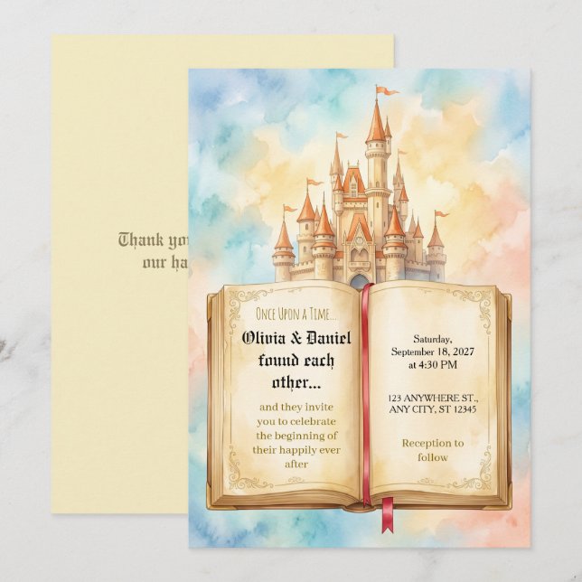 Invitación de boda Pastel Castillo de Cuento de Ha (Anverso / Reverso)
