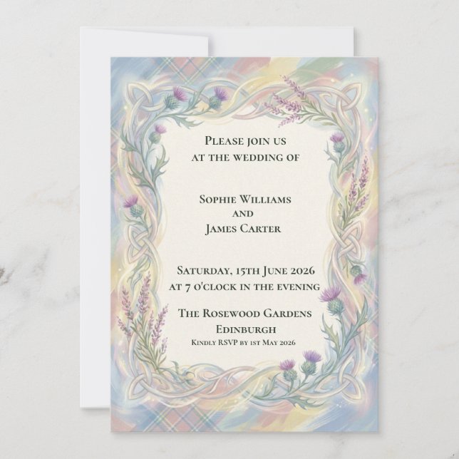 Invitación de boda Pastel Celtic Thistle (Anverso)