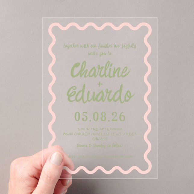 Invitación de boda pastel con borde ondulado verde (Subido por el creador)