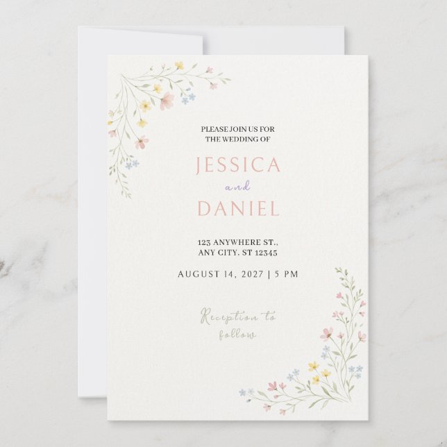 Invitación de boda pastel de prado de flores silve (Anverso)