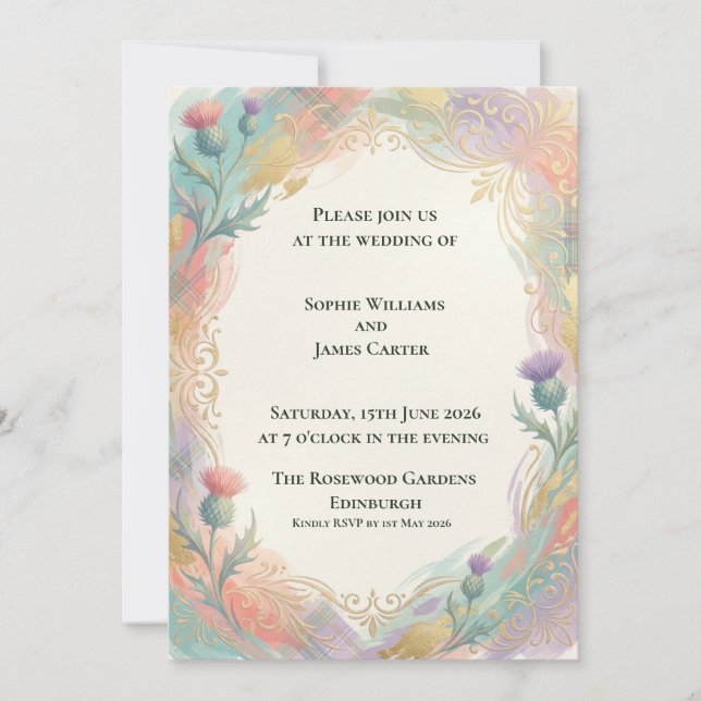 Invitación de boda Pastel Gold Thistle (Anverso)