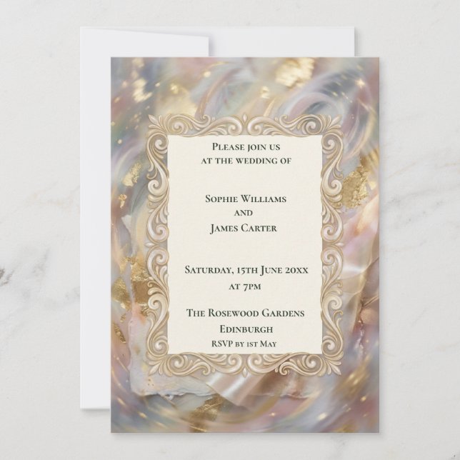 Invitación de boda Pastel Mármol Dorado (Anverso)