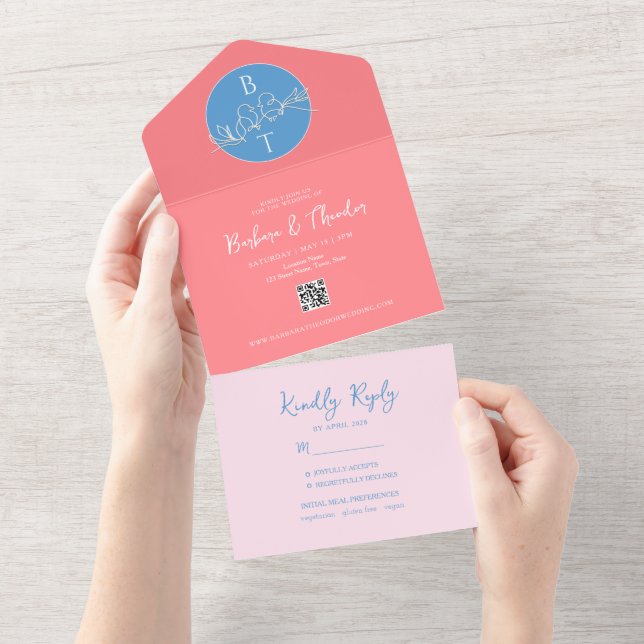 Invitación de boda pastel rosa azul todo en uno (desgarro)