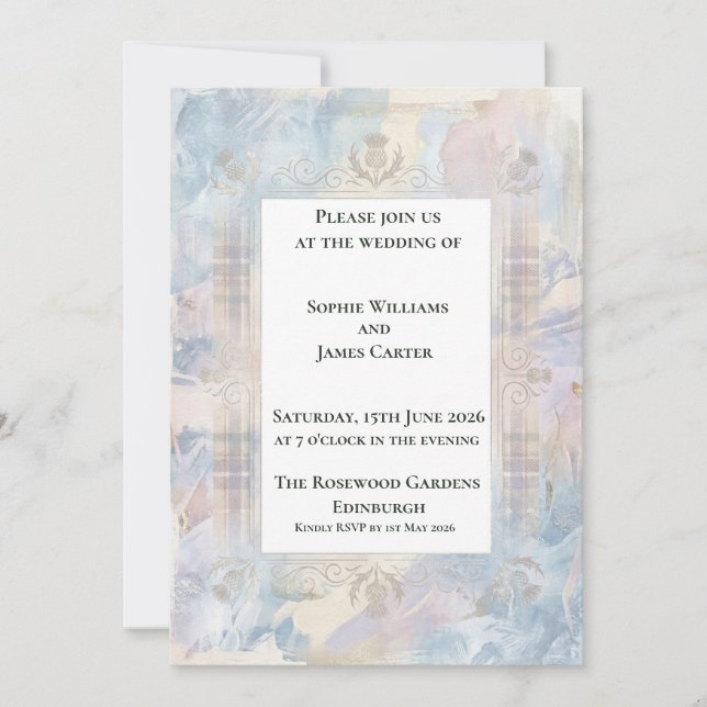 Invitación de boda Pastel Tartán Cardo (Anverso)