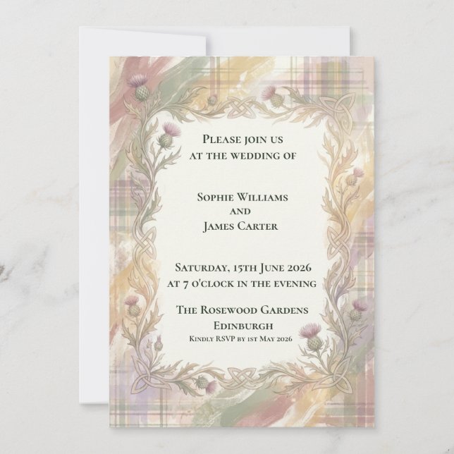 Invitación de boda Pastel Tartán Cardo Celta (Anverso)