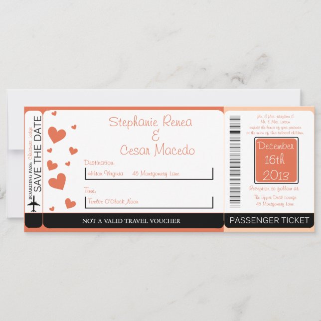 Invitación de boda Penguin Love/Hear Boarding Pass (Anverso)