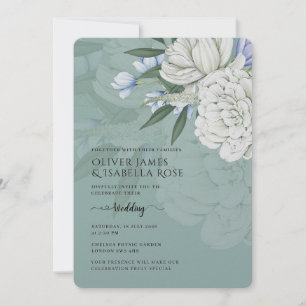 Invitación de Boda   Peonías Verde Salvia y Blanco