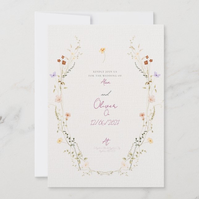 Invitación de boda personalizable con flores silve (Anverso)