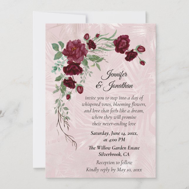 Invitación de boda personalizable con rosas rojas  (Anverso)
