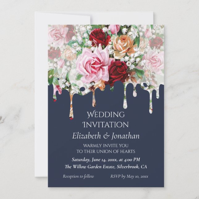Invitación de boda personalizable Rosas sobre Azul (Anverso)