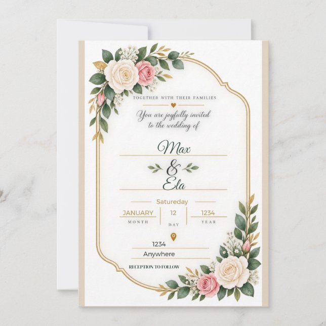 Invitación de boda personalizada con arco de rosa  (Anverso)