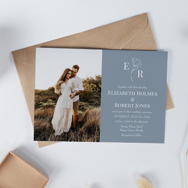 Invitación de boda personalizada con foto y monogr (Dusty Blue Floral Monogram Custom Photo Wedding Invitation on white table with neutral decoration.)