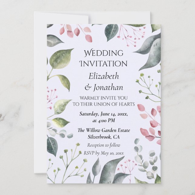Invitación de boda personalizada con hojas grises  (Anverso)