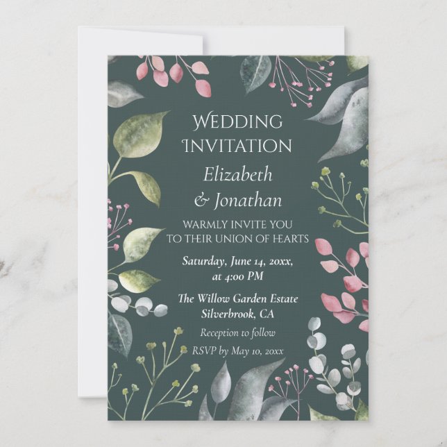 Invitación de boda personalizada con hojas grises  (Anverso)