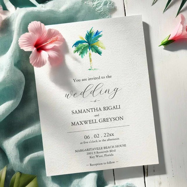 Invitación de Boda Personalizada con Palma en Acua (Beach weddings in Florida wedding invitations personalized with your info & original watercolor art)