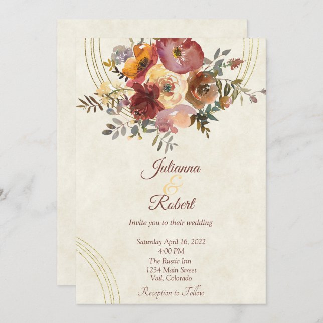 Invitación de boda personalizada floral y dorada d (Anverso / Reverso)