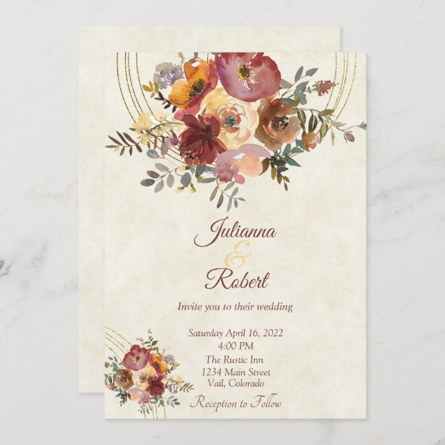 Invitación de boda personalizada floral y dorada d (Anverso / Reverso)