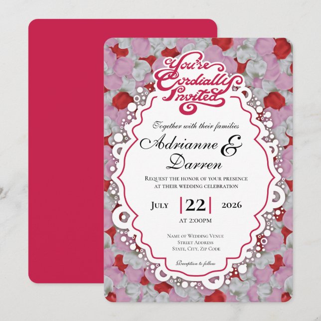 Invitación de Boda Pétalo de Rosa 1 con Letras Roj (Anverso / Reverso)