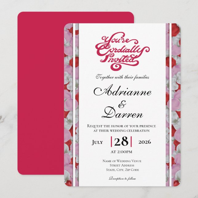 Invitación de Boda Pétalo de Rosa 3 con Letras Roj (Anverso / Reverso)
