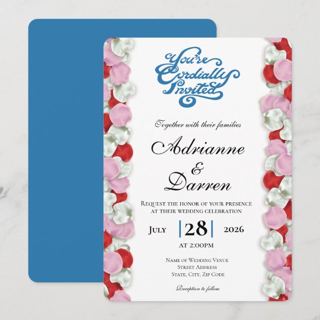 Invitación de Boda Pétalo de Rosa 4 con Letras Azu (Anverso / Reverso)