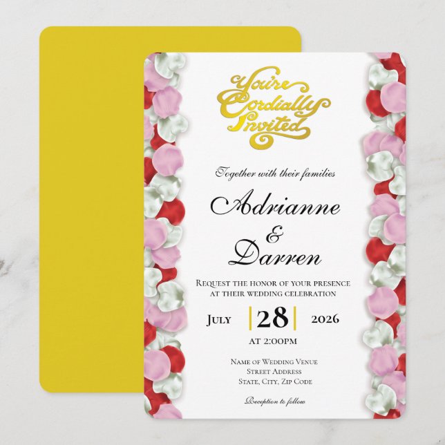 Invitación de Boda Pétalo de Rosa 4 con Letras Dor (Anverso / Reverso)