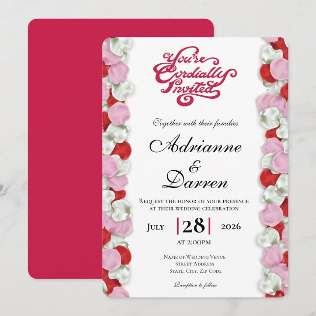 Invitación de Boda Pétalo de Rosa 4 con Letras Roj (Anverso / Reverso)